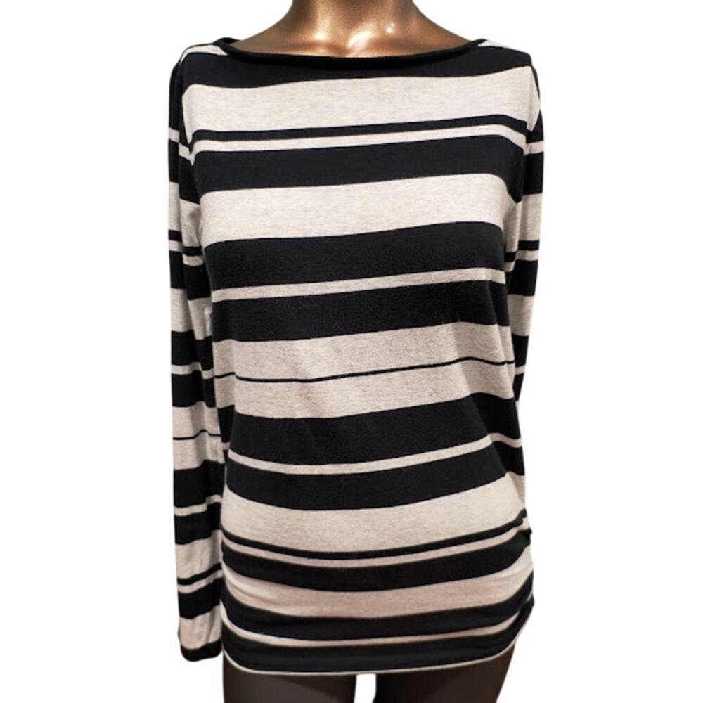 Calvin Klein Striped Tab Sleeve Top w/Ruched‎ Sides, Blk/Lt Gray, Sz S
